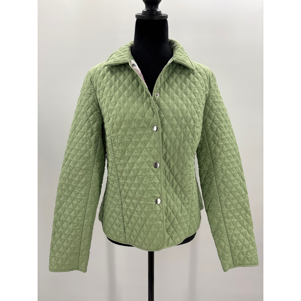 BRIGGS NEW YORK Quilted Jacket Women's XL Green Diamond Pattern Lined Snap Front